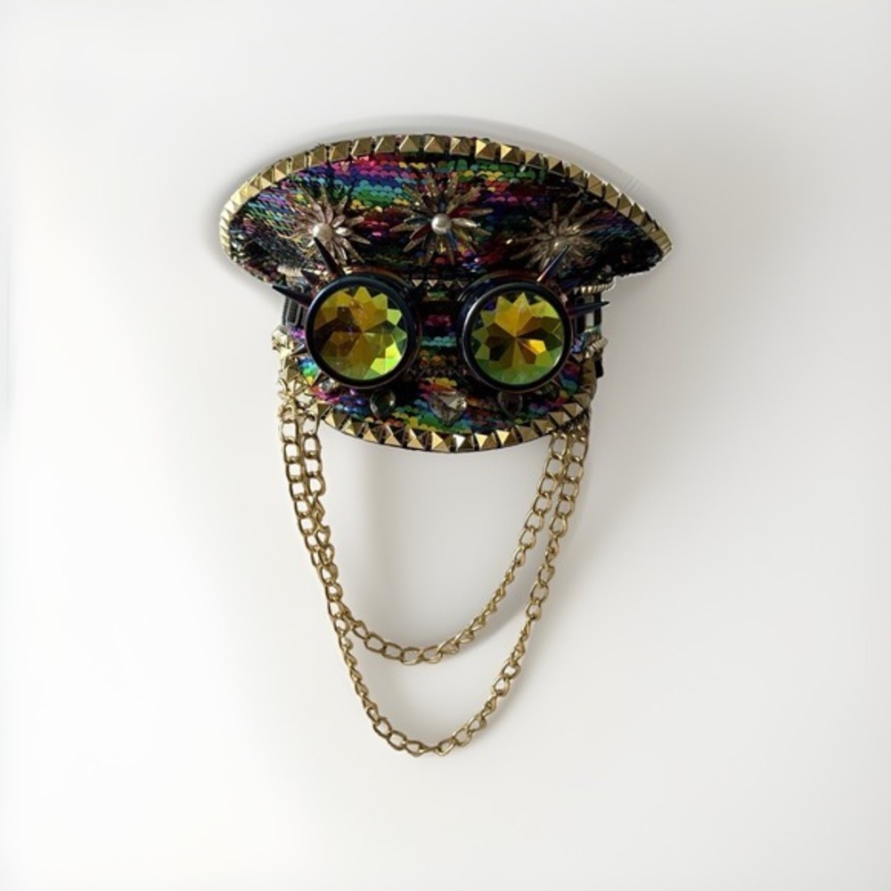 Steampunk Multicolor Sequin Captain Cap w/ Goggles & Gold Chain, One Size